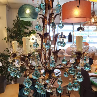 Lustre laiton et boule cristal bleu 5 feux après restauration — Début XXème