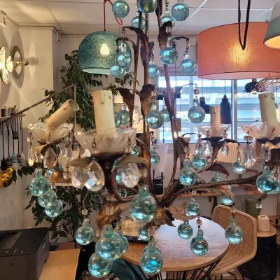 Lustre laiton et boule cristal bleu 5 feux avant restauration — Début XXème